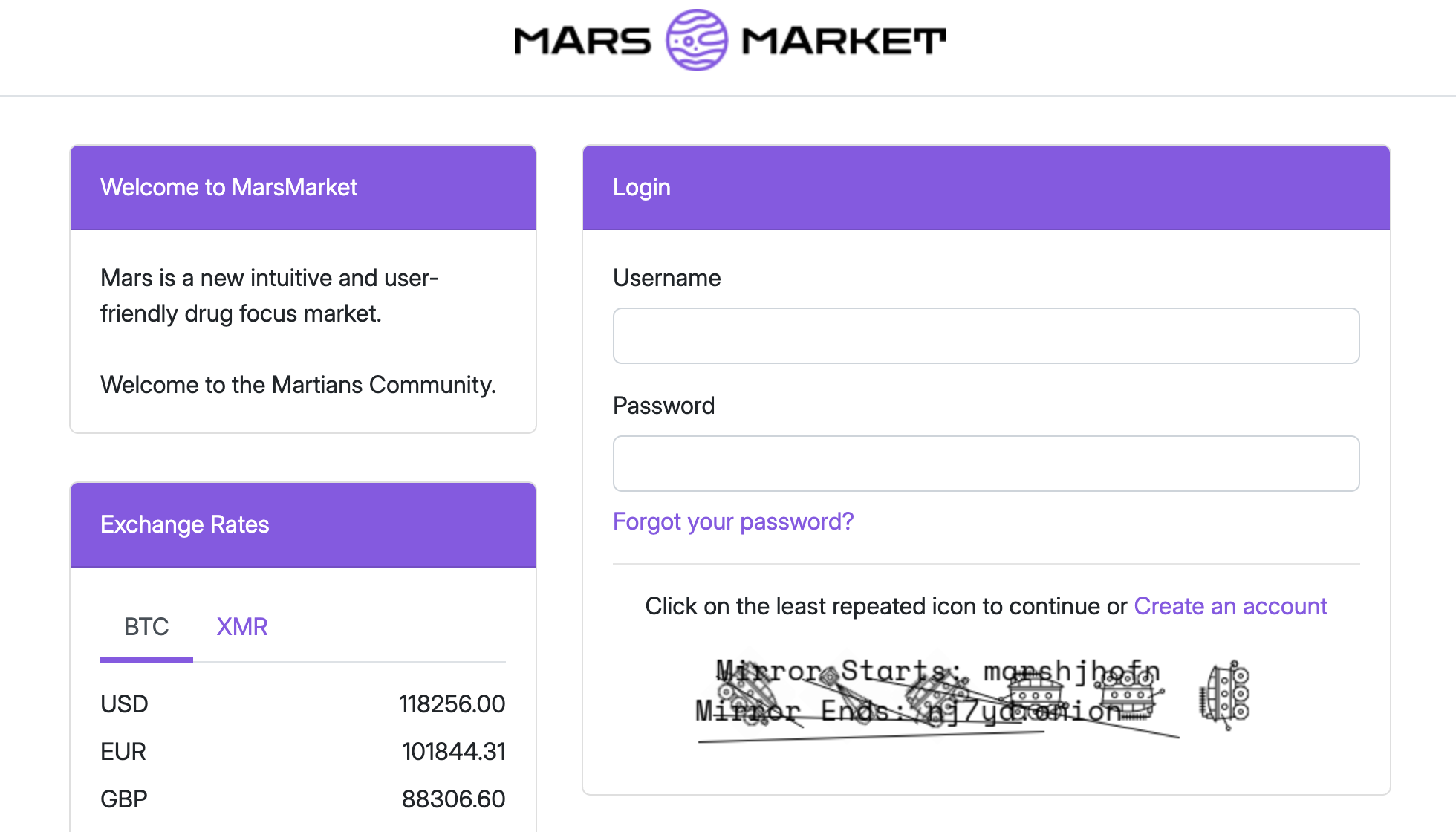 Annotated diagram of an interception page. On the left a mock page shows a dark ticker reading SYSTEM: ONLINE, a heading reading VERIFIED ACCESS POINT, the promise of a PGP-verified address, a MARS MARKET wordmark with an ONLINE badge, three self-reported metrics, two address rows each with a COPY button, four identical market tiles and a footer. On the right, eight numbered notes explain each part, ending with the observation that nothing else is published: no owner, no method, no archive and no corrections.